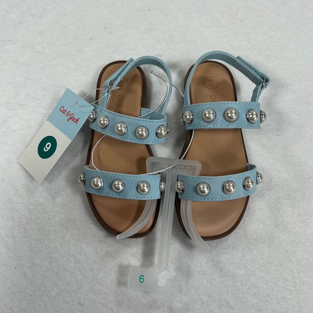 Cat & Jack Girls Selene Pearl Studded Strappy Sandals Light Blue Size 9 NWT